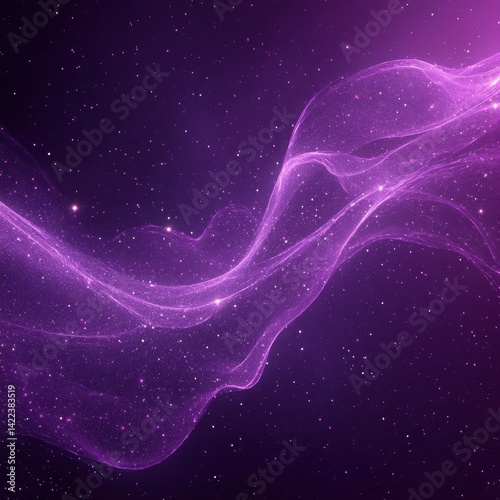 Abstract purple nebula with glowing stars and flowing light formations view
