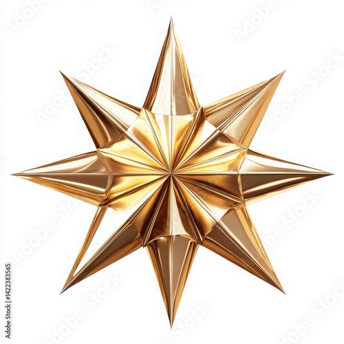 A golden star with eight points isolated against a white background view