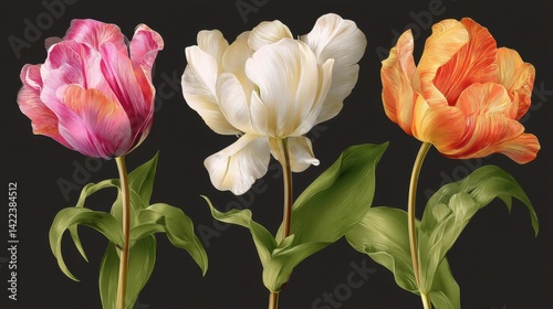 Elegant floral arrangement featuring pink white and orange tulips against a dark background creating a serene and sophisticated botanical illustration