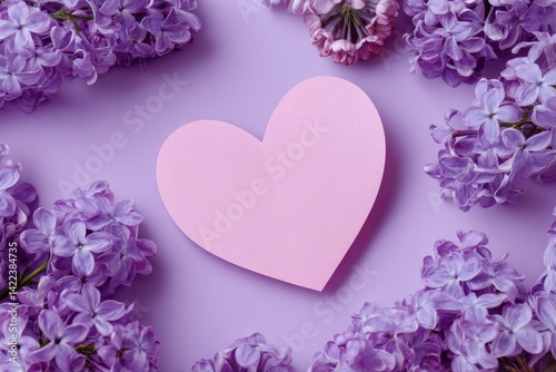 Valentine s day flat lay  a pink heart shaped card on lilac flowers with space for your message photo