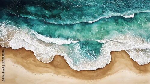 Aerial View of a Beach Watercolor Brush Painting of Brown Sand and Blue Sea Waves for Backgrounds and Banners Generative AI Artwork