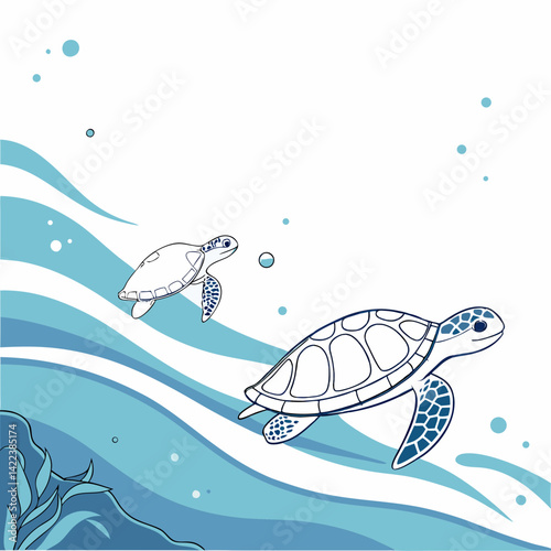 Adorable Baby Sea Turtles Swimming Underwater In A Clean Ocean Graphic Illustration