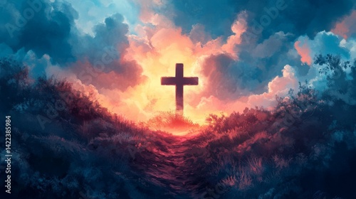 Digital Artwork of a Spiritual Christian Scene Faith, Prayer and Meditation Featuring Jesus Christ and Biblical Elements photo