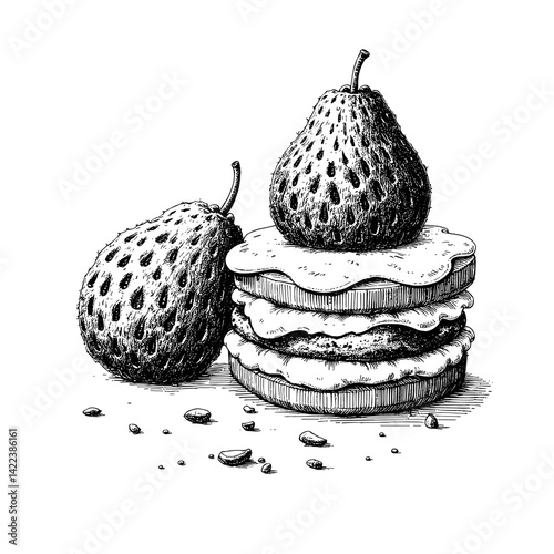 Vintage black and white sketch of traditional sweets stacked with fruits, isolated artwork for culinary blogs