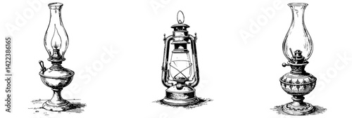 Vintage black and white sketch of intricate oil lamps illuminated on white background, ideal for educational and decorative uses