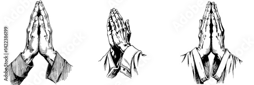 Vintage sketch of hands in prayer, expressing devotion on white background, suitable for blogs, presentations, greeting cards, and educational materials