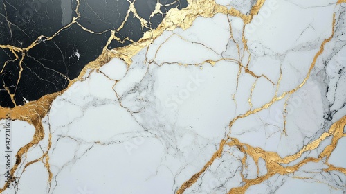 Elegant White and Gold Marble Granite with Abstract Black and Gray Background - Smooth Textured Ceramic Countertop and Floor Tile Design