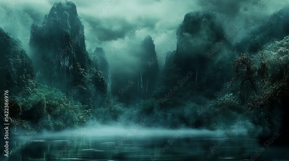 Fototapeta premium Misty, dark jungle valley landscape