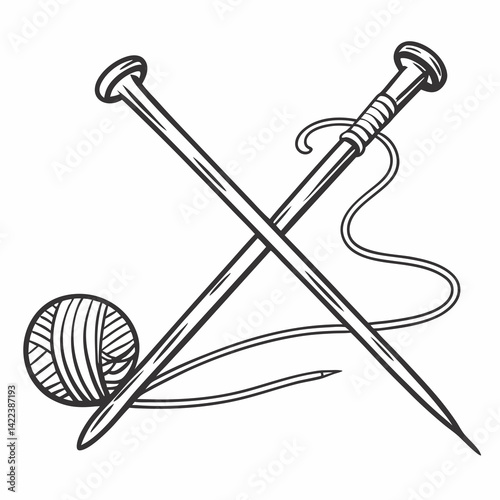 Knitting Needles And Yarn Ball Hand Drawn Vector Illustration Isolated