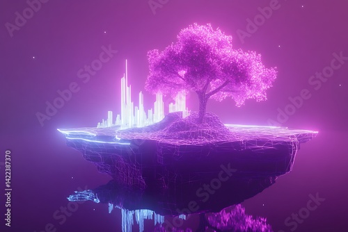 Surreal Floating Island Made of Neon Wireframe photo