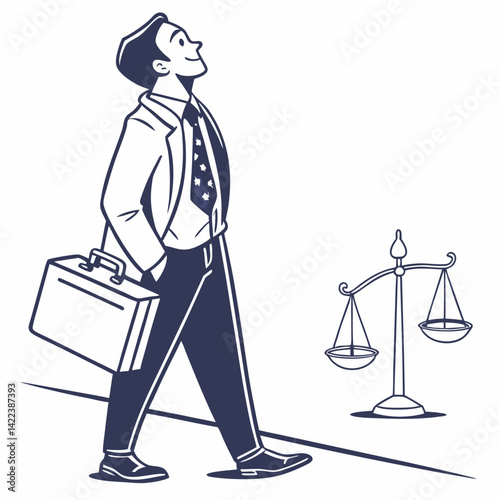 Lawyer Walking Towards Scales Of Justice With Briefcase Vector Illustration