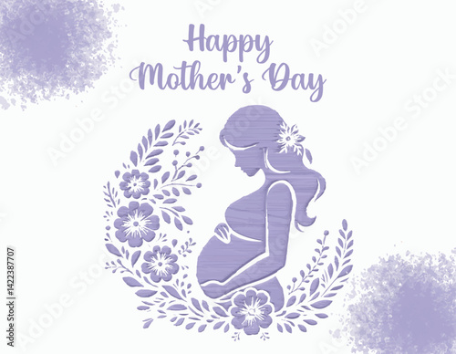 Beautiful Mother’s Day Illustration Featuring a Pregnant Woman with Floral Elements in a Soft Violet Artistic Style