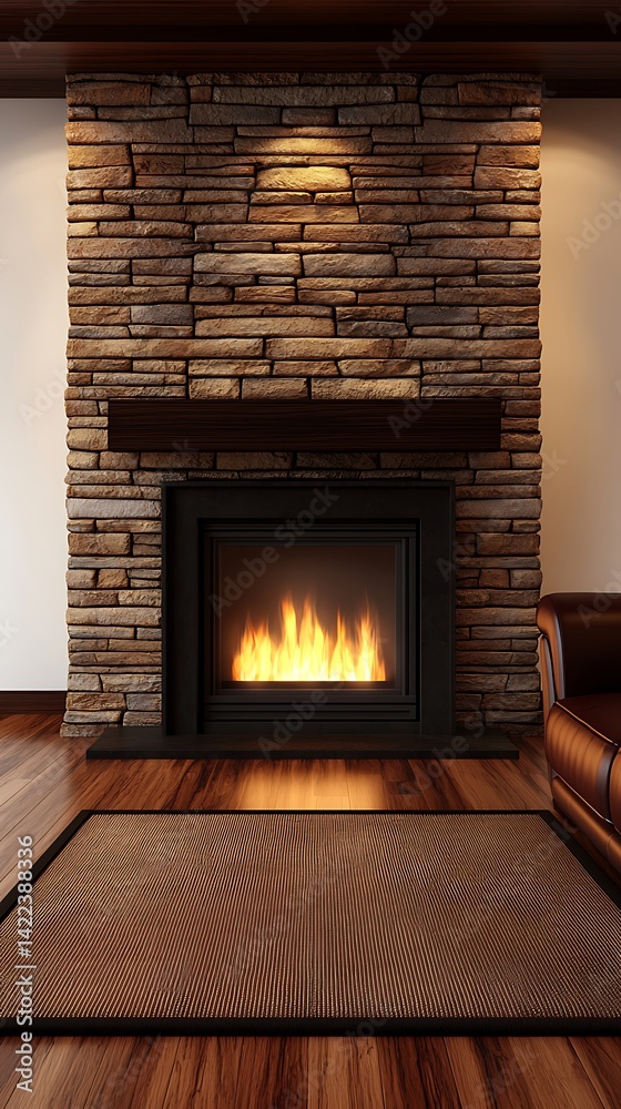 Cozy Fireplace Design: Elegant Interior with Stone Wall, Warm Lighting, and Inviting Fire for Relaxing Atmosphere.