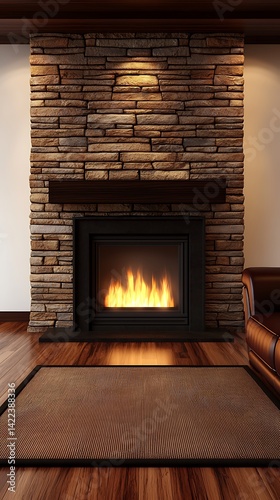 Obraz na płótnie Cozy Fireplace Design: Elegant Interior with Stone Wall, Warm Lighting, and Inviting Fire for Relaxing Atmosphere. w salonie