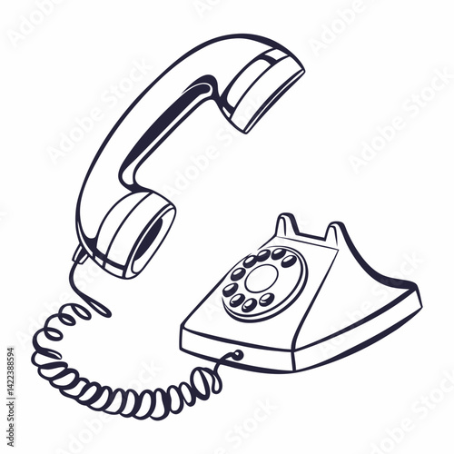 Retro Rotary Phone Isolated On White Background Detailed Line Art