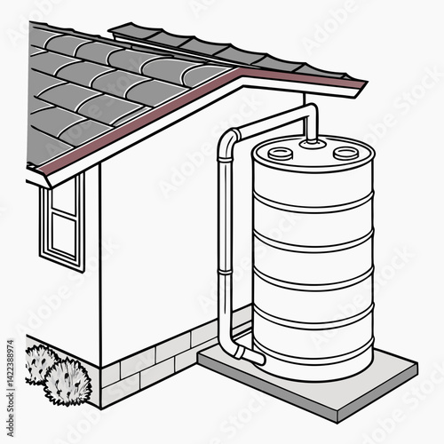Rainwater Harvesting System Illustration With Tank Connected To A Building Gutter