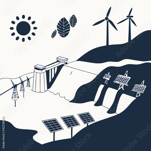 Renewable Energy Sources Featuring Wind Turbines Solar Panels And Hydroelectric Dam