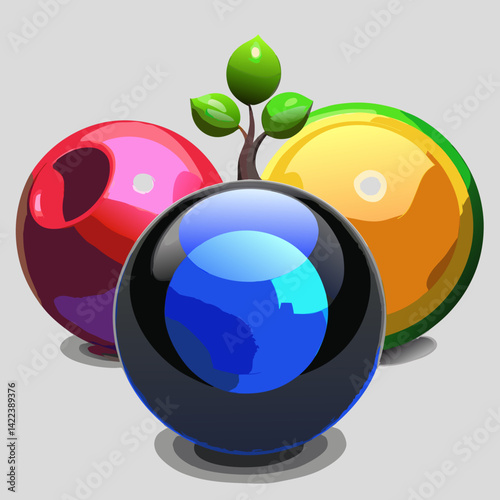 Colorful glossy spheres, vibrant orbs, reflective surfaces