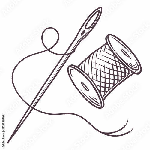 Sketch Style Illustration Of Needle With Thread And Spool For Tailoring Projects