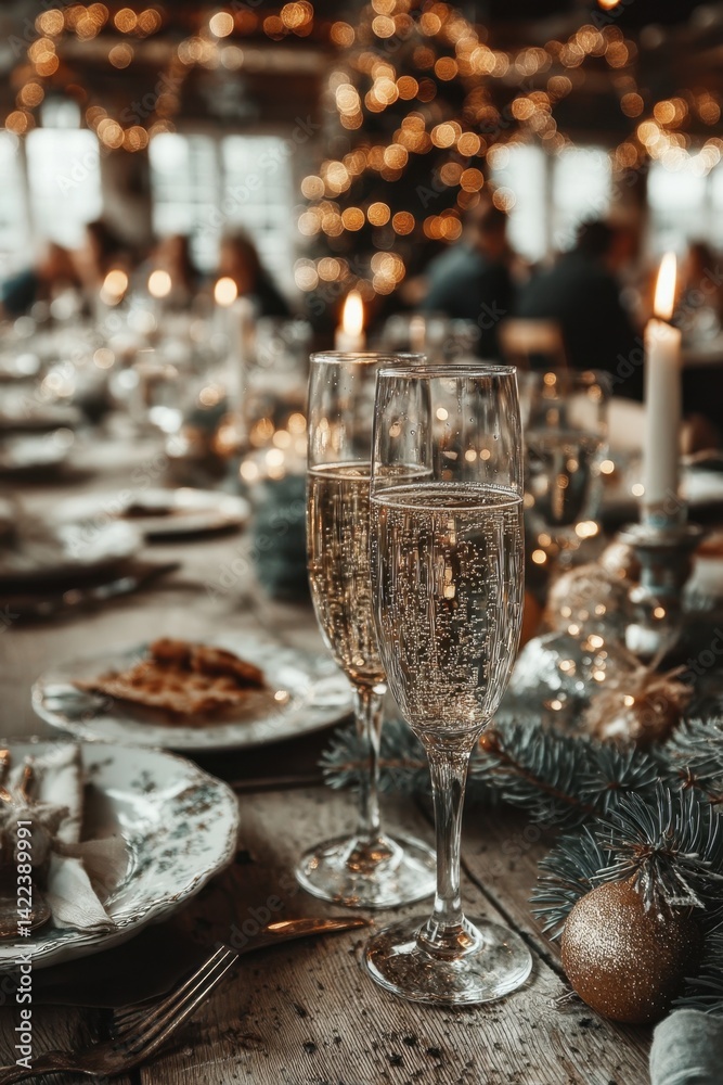 A table set for a dinner party with two glasses of champagne A table set for a dinner party with two glasses of champagne