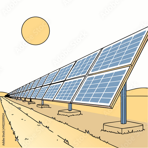 Solar Panels Array With Sun In Rural Landscape Illustration Style