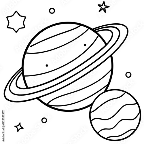 Saturn Planet With Rings And Stars Doodle Style Minimalist Line Art