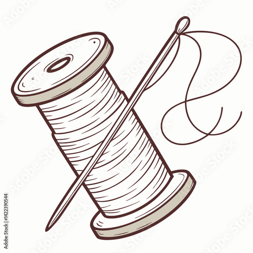 Spool Of Thread With Needle Hand Drawn Style Illustration