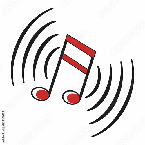 Red Musical Note With Sound Waves On A White Background Vector Graphic