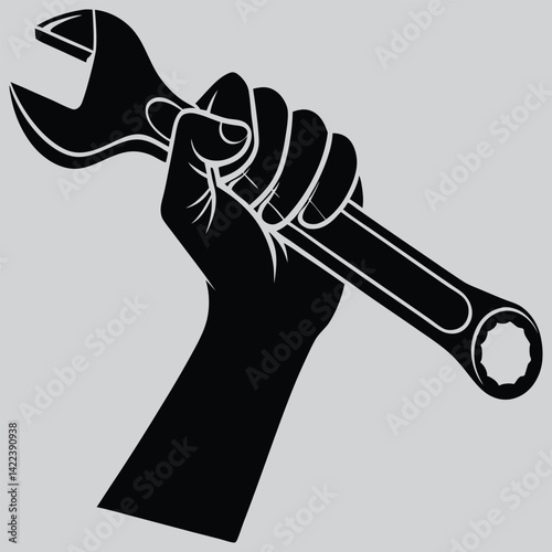 Hand holding wrench image silhouette design vector art and illustration
