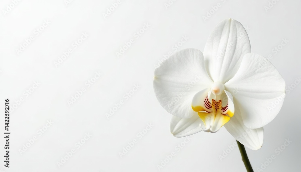 Fototapeta premium Delicate white orchid blossom on pure white background, plant, spring