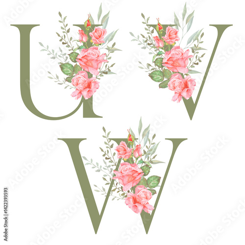 Hand painted watercolor floral alphabet - letters UVW. The letters of the alphabet is olive colored and decorated with watercolor roses. Wedding, birthday, children's party, any creative ideas. photo