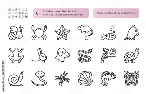 Different types of animals, pets. Black line icon set, vector monochrome signs, editable stroke