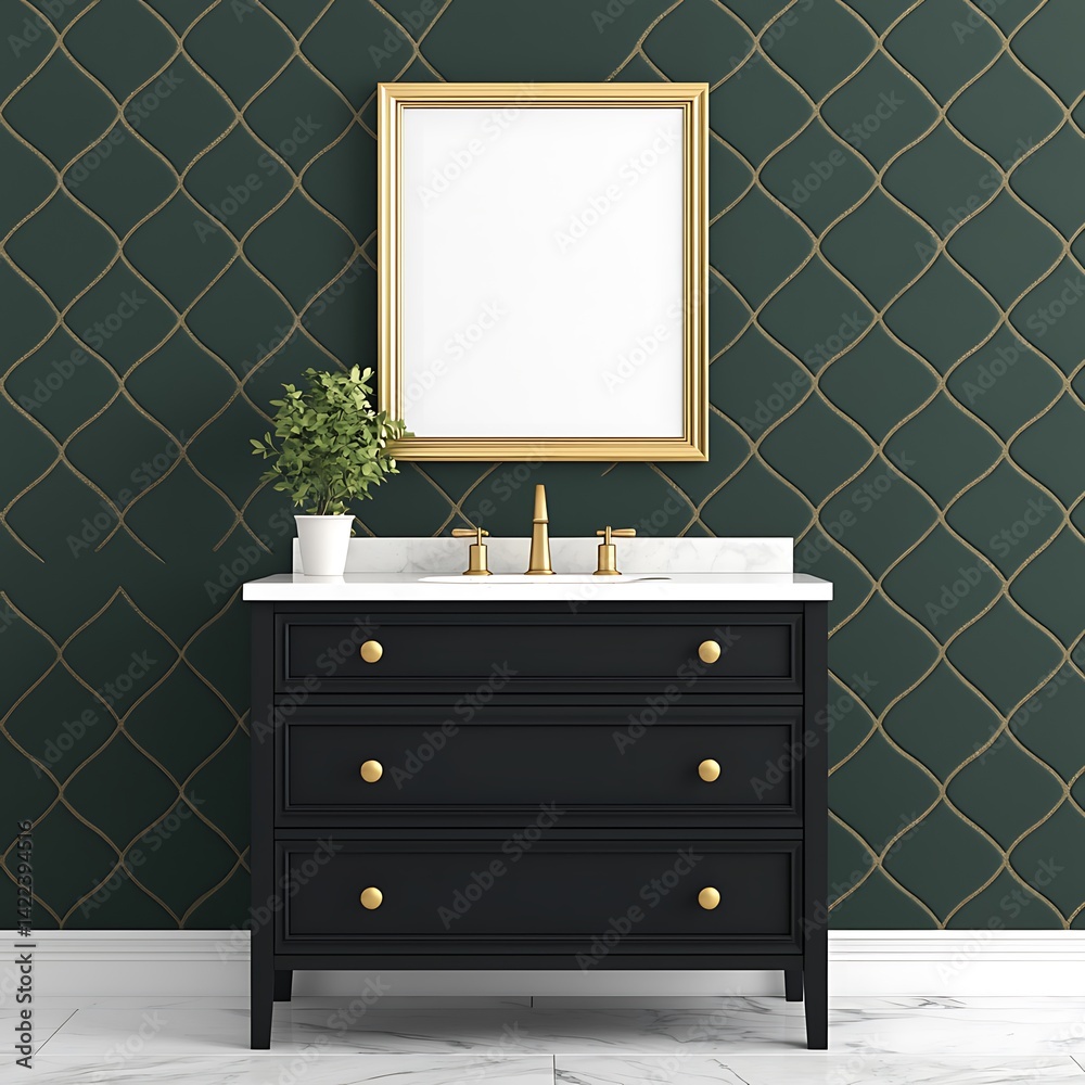 Elegant Bathroom Interior with Gold Frame and Black Vanity Cabinet on Marble Flooring.