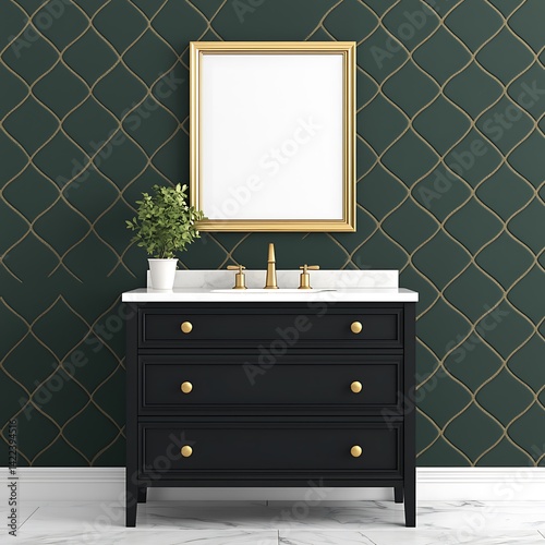 Obraz na płótnie Elegant Bathroom Interior with Gold Frame and Black Vanity Cabinet on Marble Flooring. w salonie