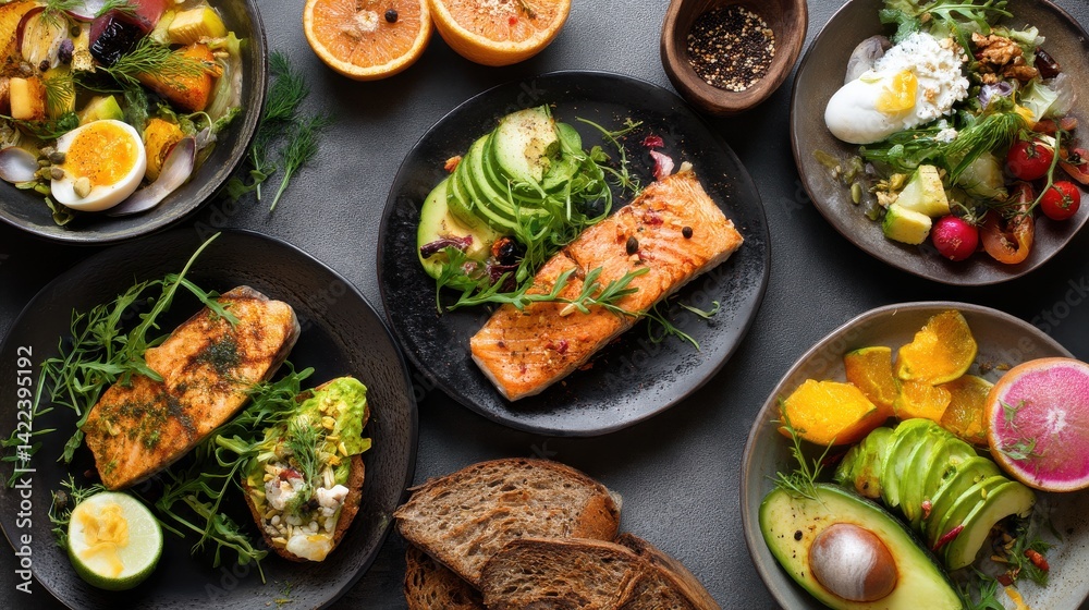 A top-down view of several plates of healthy food, including salmon, avocado, and various salads. A delicious and nutritious meal. A top-down view of several plates of healthy food, including salmon, avocado, and various salads. A delicious and nutritious meal.