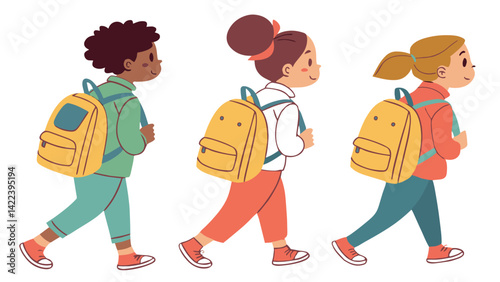 Three diverse children walking to school with backpacks.
