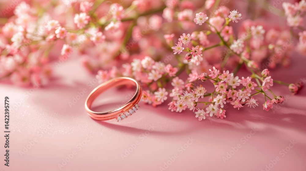 Ring is placed on a pink background with flowers Ring is placed on a pink background with flowers