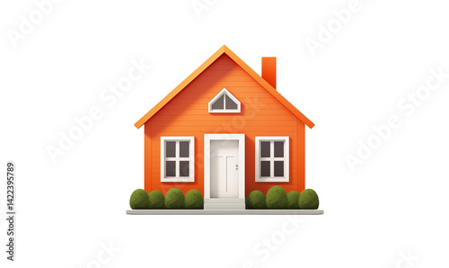 Illustration of a small orange house with white door windows and green bushes on a transparent background png