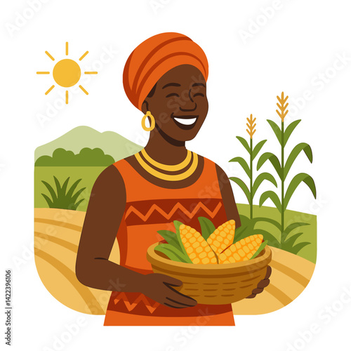 vector illustration of African woman in traditional dress holding a basket of maize, smiling, rural African farm background with sun and crops, isolated on white, clean flat style, editable co