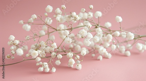 Bunch of white flowers are arranged in a row on a pink background