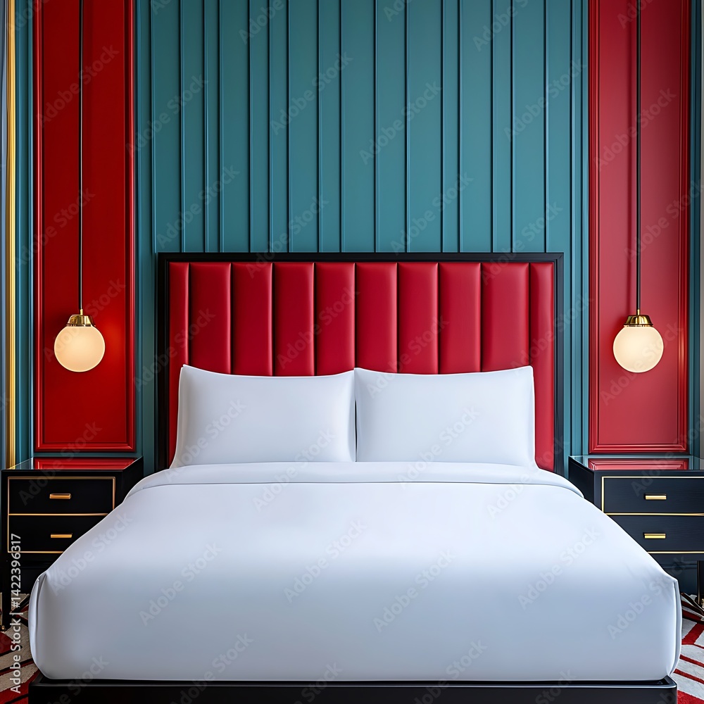 Elegant Bedroom Interior with Red Headboard, Turquoise Walls, and Minimalist Lighting for Modern Home Decor.