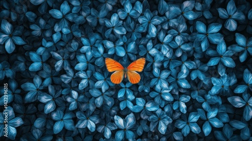 Orange Butterfly, Blue Flowers
