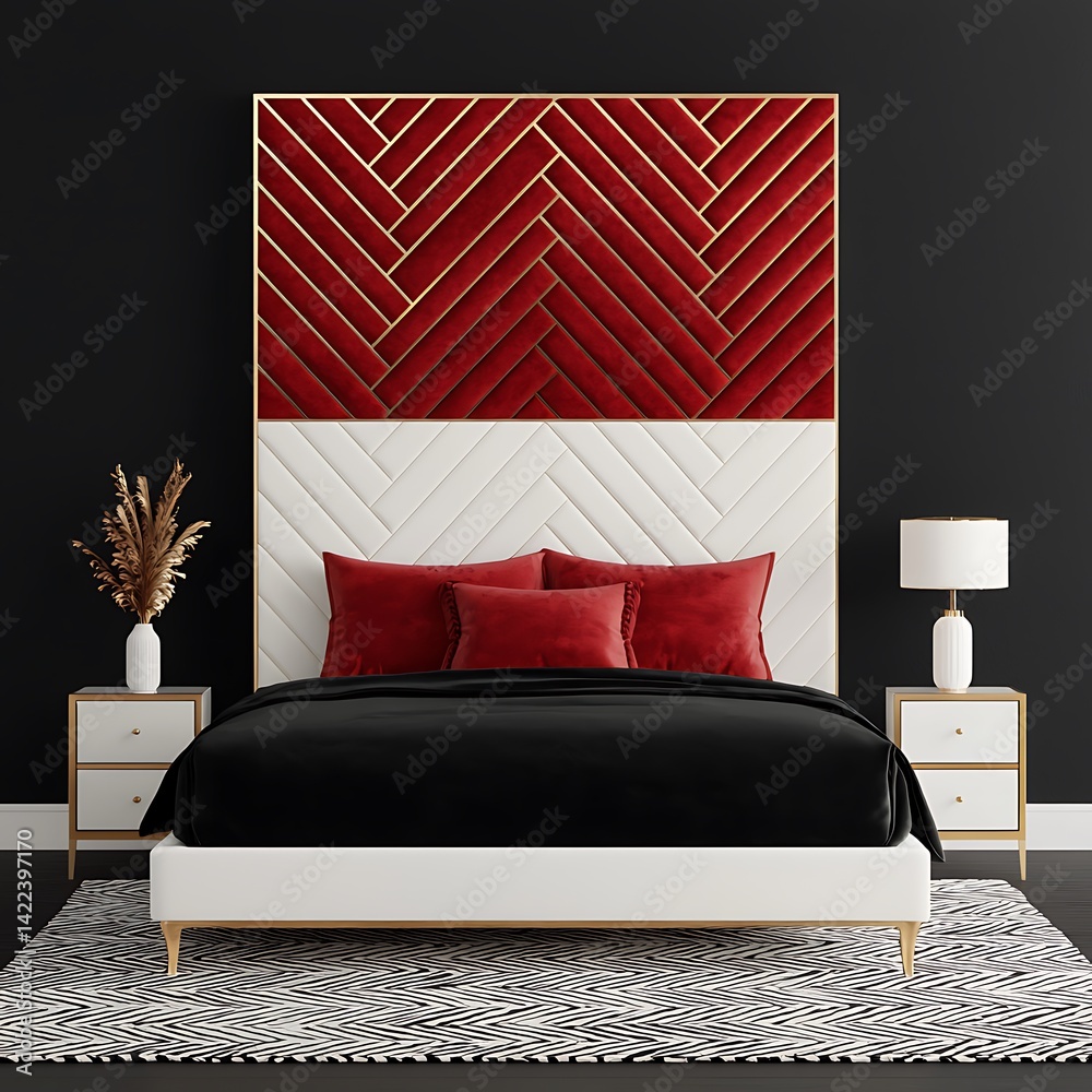 Elegant Bedroom with Red and White Headboard, Black Bedding, Modern Nightstands, and Striped Rug for Contemporary Interiors.