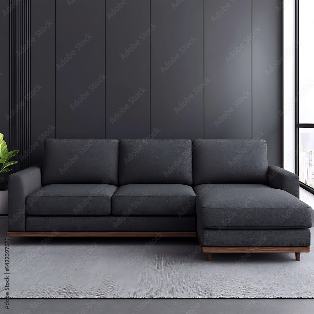 Elegant dark sectional sofa with wood base against a modern dark paneled wall, a stylish living room setting.