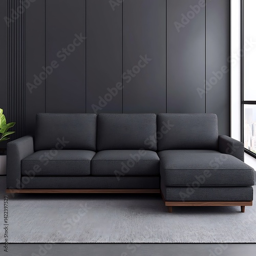 Obraz na płótnie Elegant dark sectional sofa with wood base against a modern dark paneled wall, a stylish living room setting. w salonie