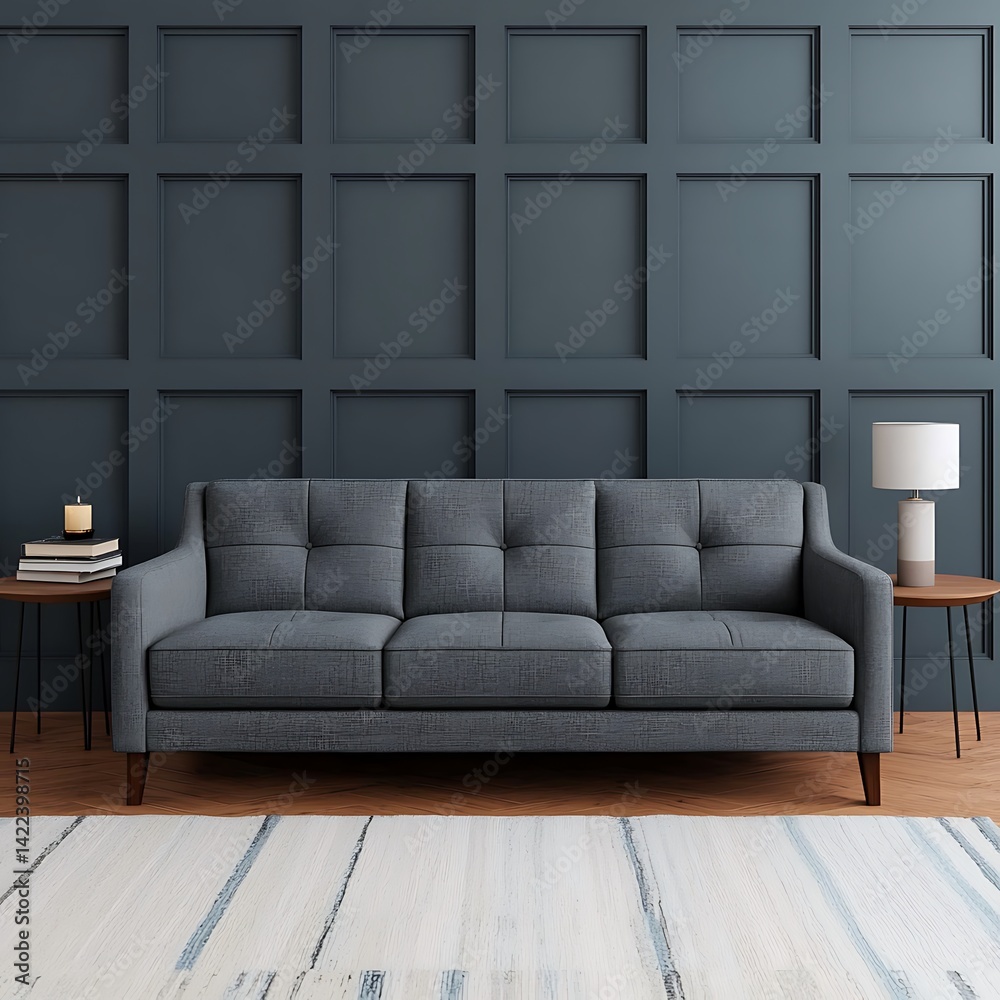Elegant Gray Sofa in Modern Interior with Dark Walls, Lamp, Books, Candle and Stylish Rug.