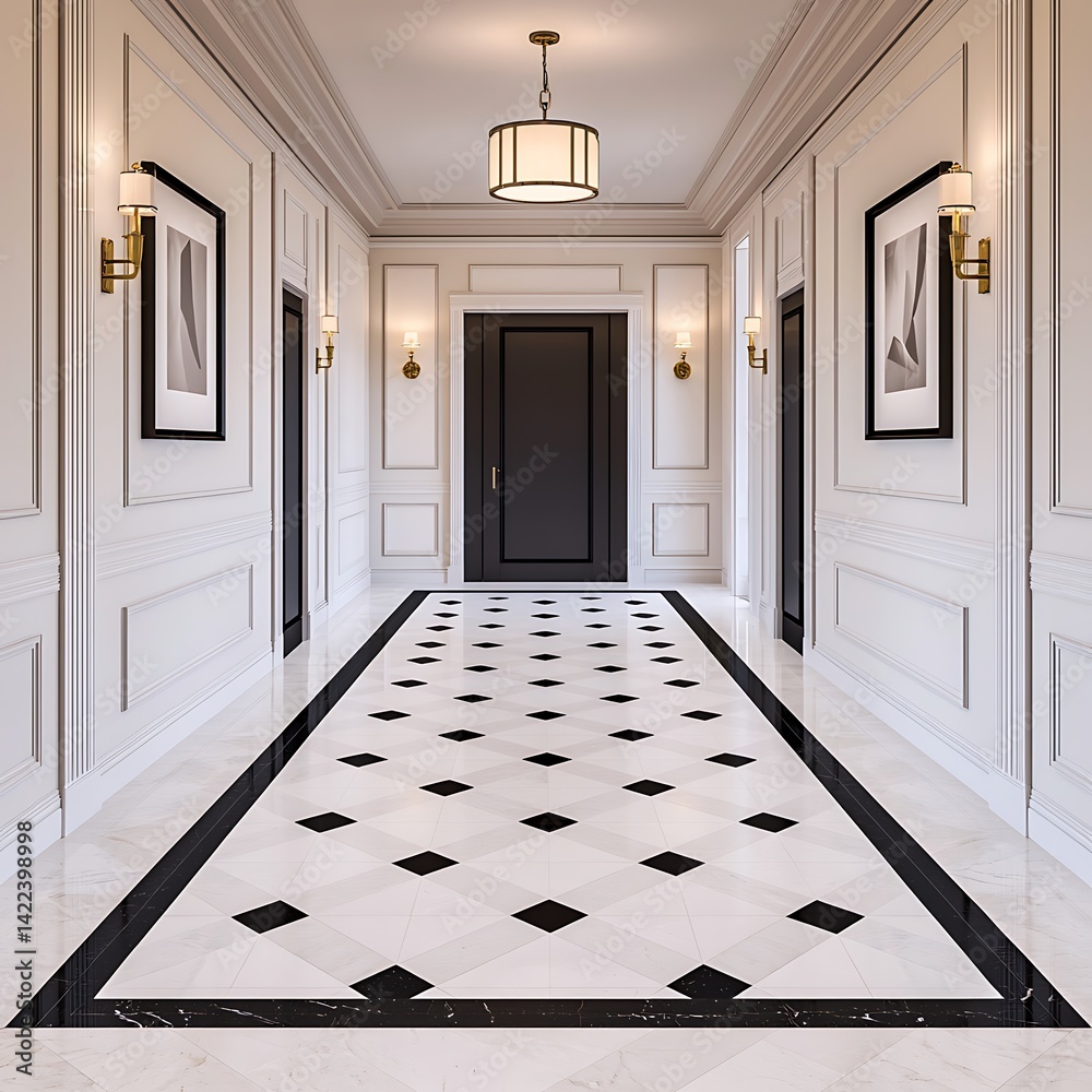 Elegant Hallway Interior with Black Door, Geometric Floor Design, and Stylish Lighting Fixtures for a Modern Home.