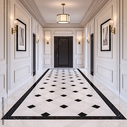 Obraz na płótnie Elegant Hallway Interior with Black Door, Geometric Floor Design, and Stylish Lighting Fixtures for a Modern Home. w salonie