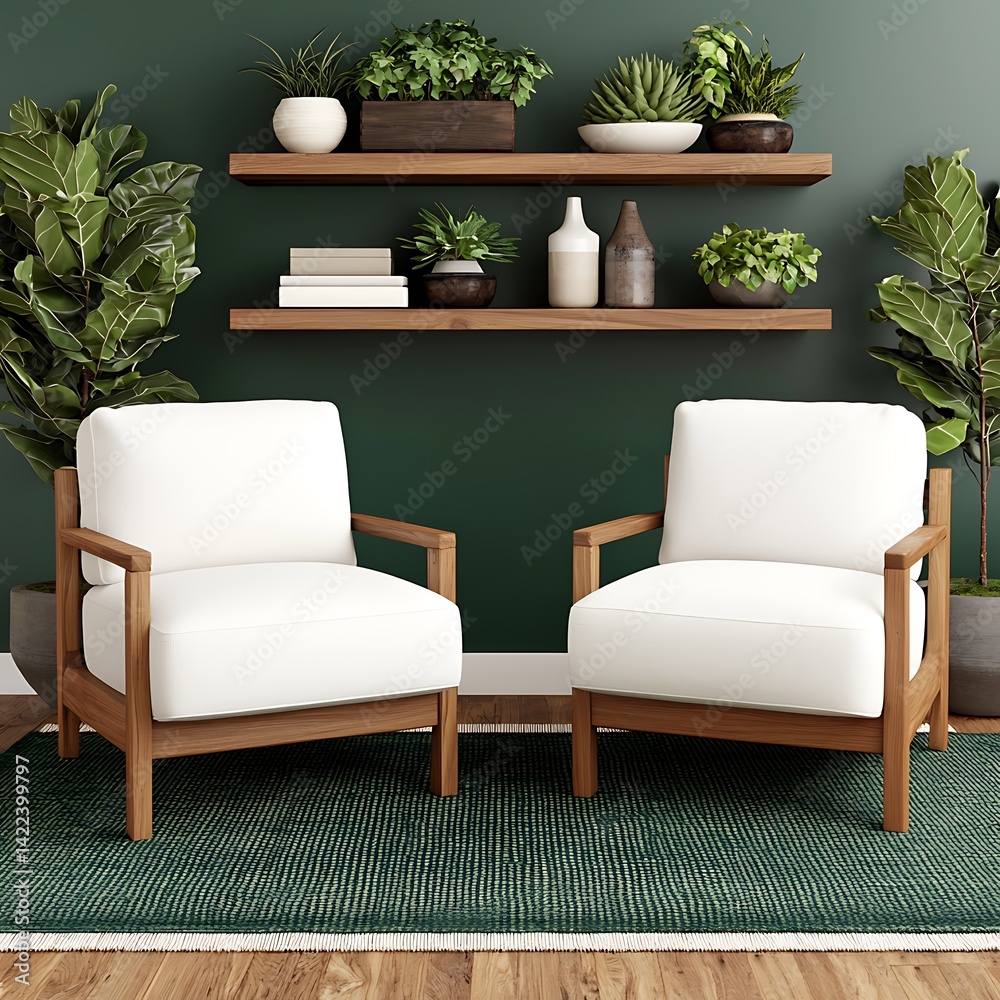Elegant Home Interior with White Chairs, Green Walls, Wooden Shelves, Plants, and Green Rug on Wooden Floor.