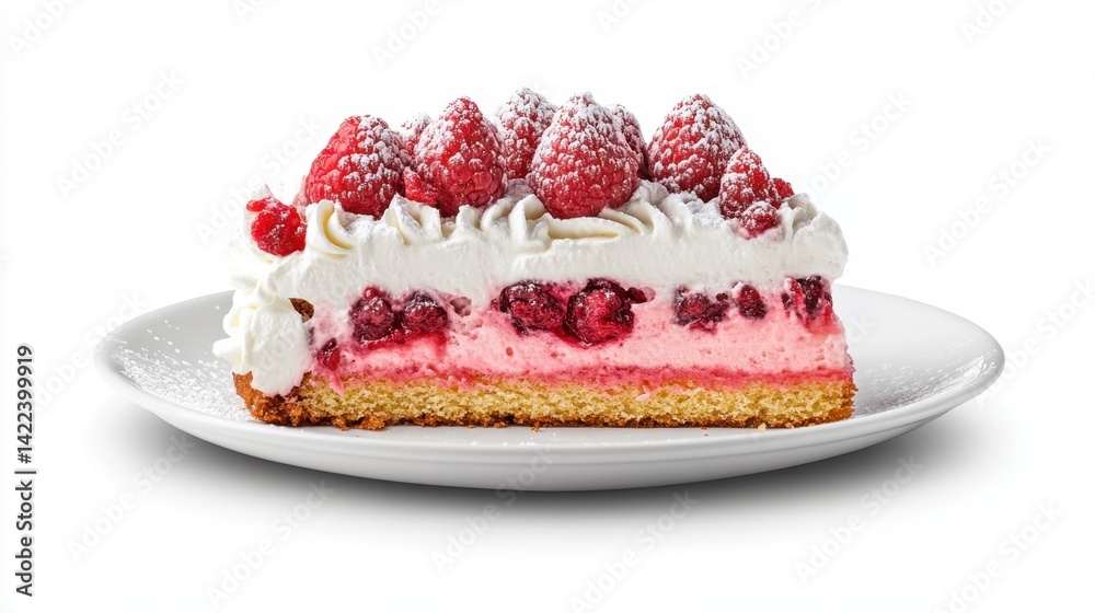 Delicious raspberry cake slice with creamy frosting and powdered sugar on a white plate studio shot Delicious raspberry cake slice with creamy frosting and powdered sugar on a white plate studio shot